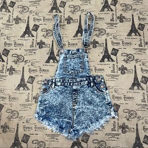 365 NWOT! Acid Denim Blue Stretchy Frayed Edge Short Overall Sizes S/M/L